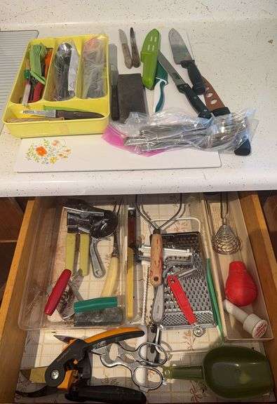 Corning Ware Cutting Board, Flatware, Knives and Cooking Utensils