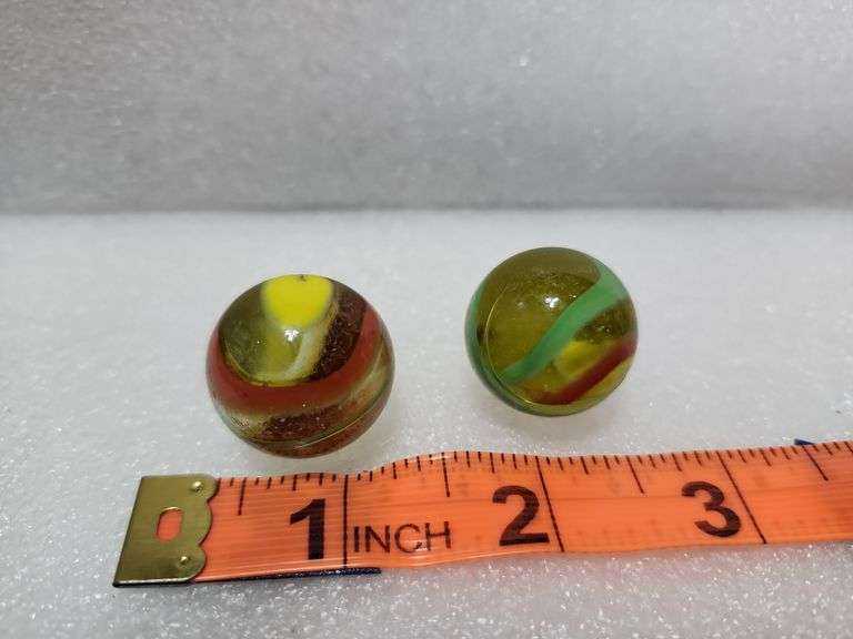 2 Vintage Clear/Green/Yellow/Red Swirl Shooter Marbles