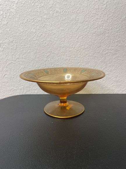 Vintage Amber Glass Compote with Gold & Turquoise Accents
