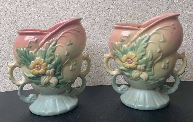 Pair of Vintage Hull Art Pottery Magnolia Vases – W5-6½” – Pink & Blue Matte Finish – Matching Set