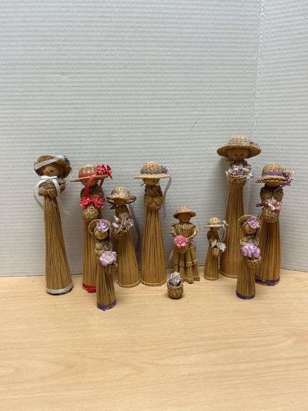 Handcrafted Straw Dolls with Floral Accents Marked ‘Made in Korea’