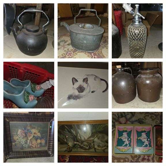 Tons of antique items including kitchen utensils, glassware, furniture and more