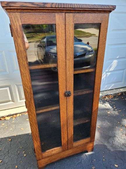 Antique Tiger Oak Cabinet with Wavy Glass Doors and Shelving