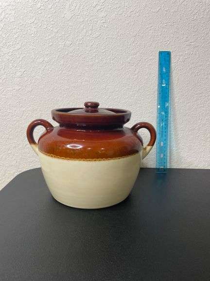 Vintage Brown Drip Glaze Bean Pot with Lid – Marked USA 1243 – 8” Tall