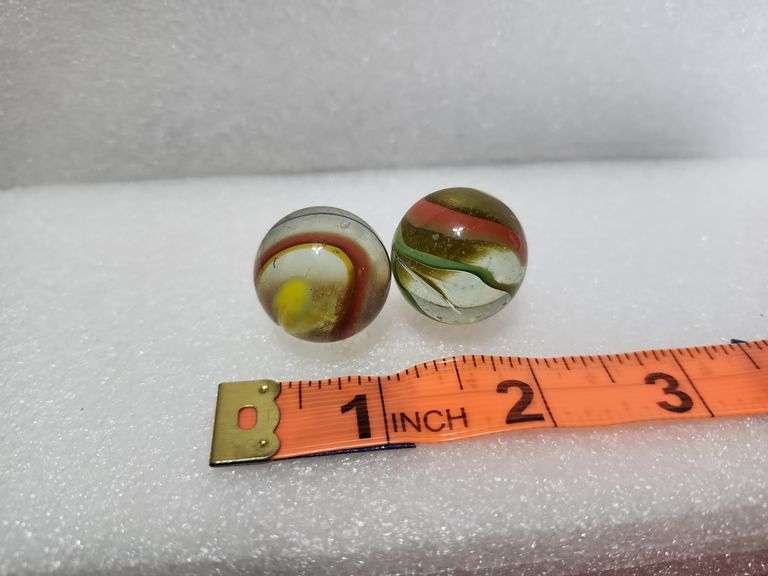 2 Vintage Clear/Green/Yellow/Red Swirl Shooter Marbles