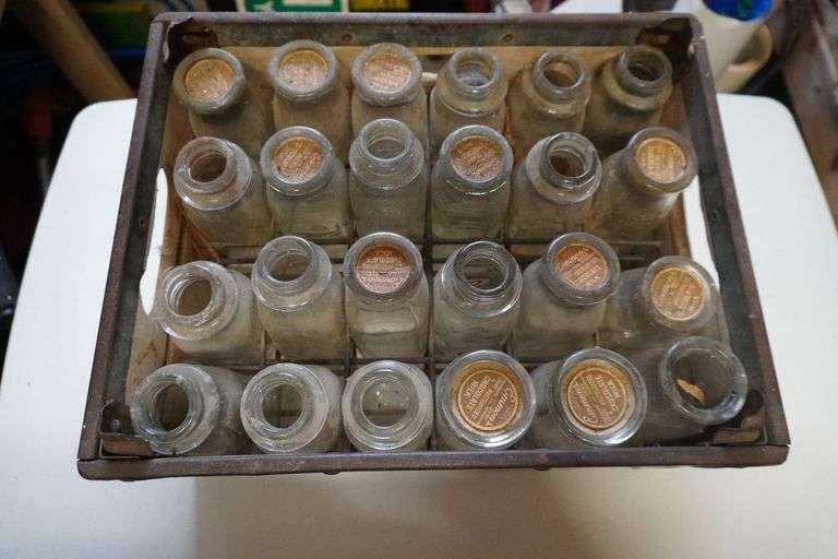 Antique Milk Bottles with crate