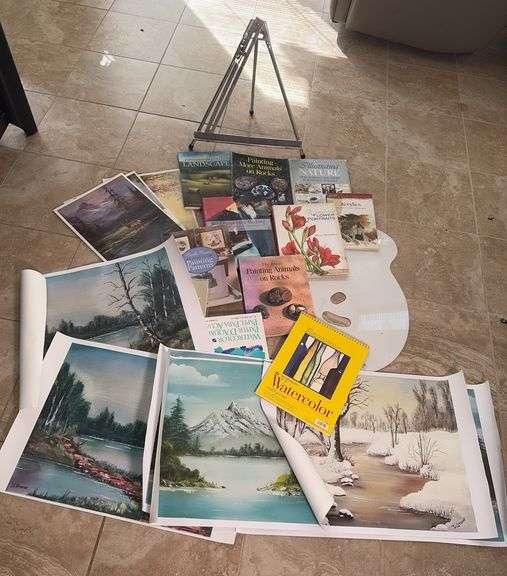 Art Supplies, Including Easel, Books, Paper and Several Prints on Canvas