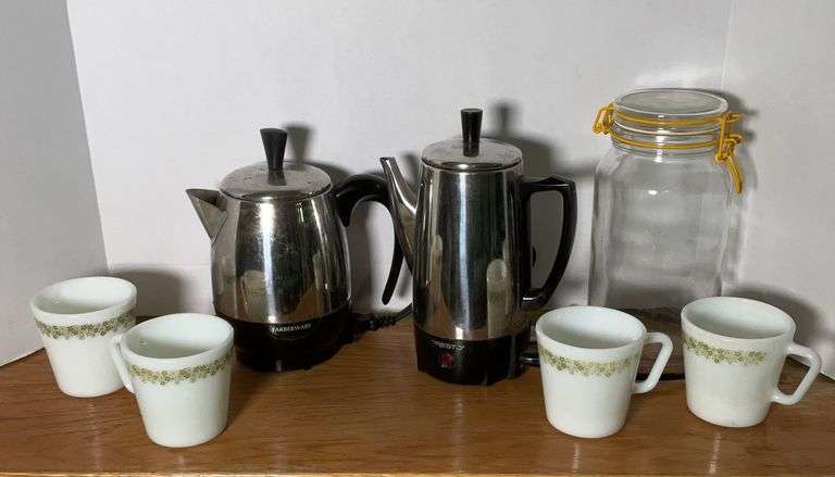 Vintage Percolators and Four Vintage Pyrex Mugs