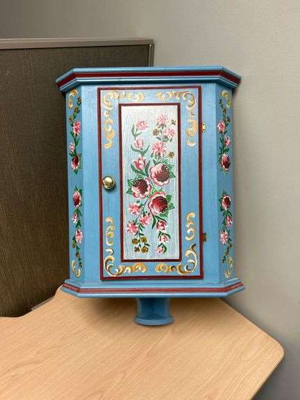 Handpainted Blue Wooden Wall Cabinet With Floral Details and Gold Accents