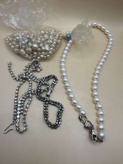 Pearl Style Necklace with Vintage Rhinestone Necklace & Loose Beads Lot