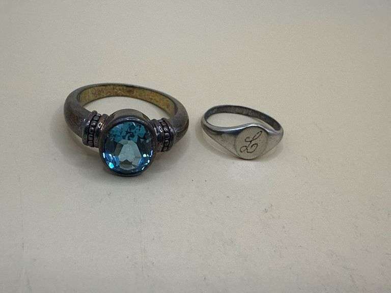 Pair of Vintage Sterling Rings – Blue Faceted Stone & Monogram “L” Signet