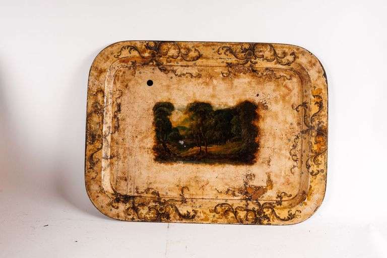 Antique Tole Tray with Landscape Scene