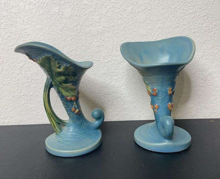 Pair of Roseville Pottery Cornucopia Vases – Blue with Leaf & Berry Design, 6"