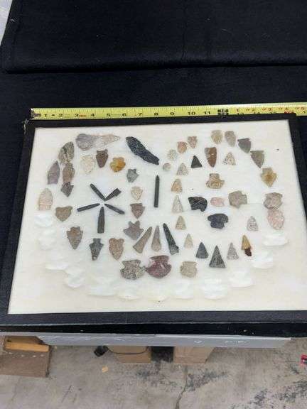 Framed Collection of Arrowheads and Stone Artifacts on Felt Background