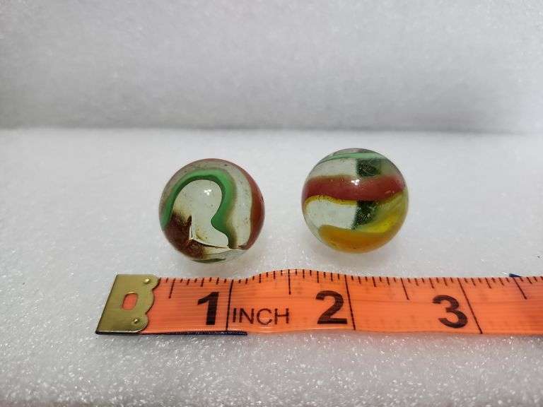 2 Vintage Clear/Green/Yellow/Red Swirl Shooter Marbles