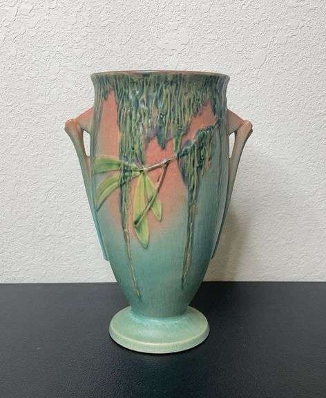 Roseville Pottery Moss Vase – Pink & Green Glaze, 9.5" – Marked 782-10