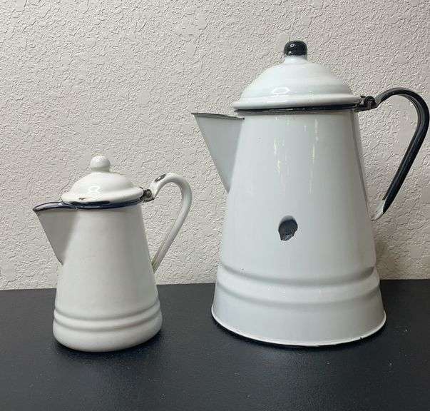 Vintage Enamelware Coffee Pot & Creamer Set – White with Black Trim