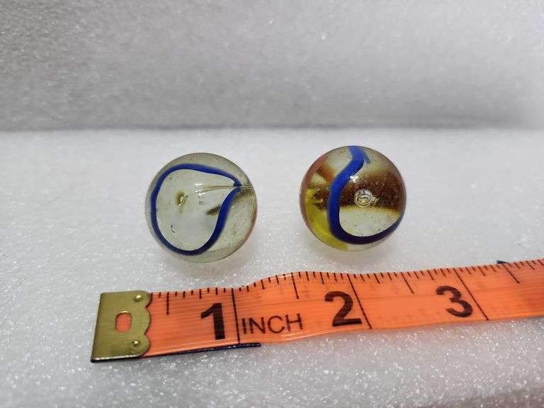 2 Vintage Clear/Green/Yellow/Red Swirl Shooter Marbles