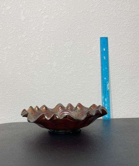 Vintage Fenton Carnival Glass Ruffled Bowl – Peacock Tail Pattern – Iridescent 9”
