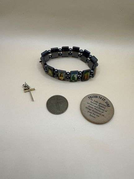 Religious Jewelry & Token Lot – St. Jude, Cross Pendant, and Jesus Stretch Bracelet