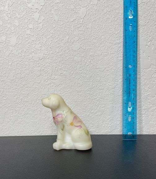Fenton Hand-Painted Satin Custard Glass Puppy Figurine – Signed – 4½”