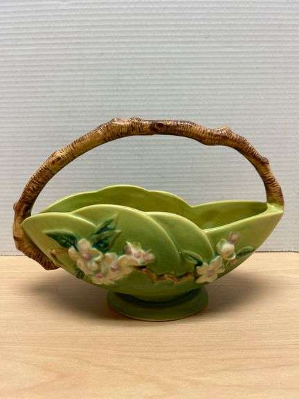 Vintage Roseville USA Green Basket With Floral Design