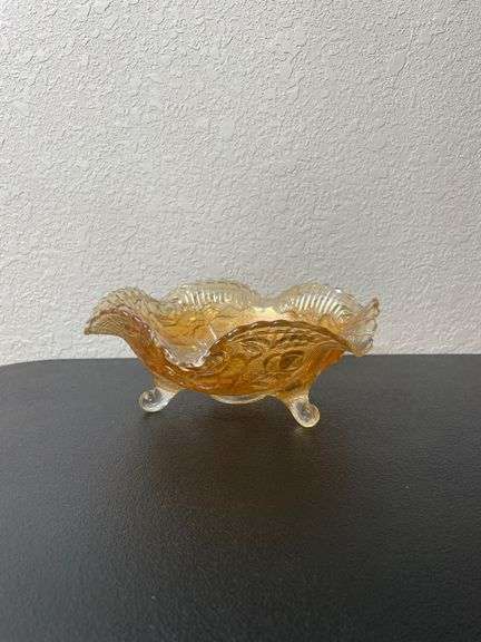 Vintage Marigold Carnival Glass Footed Bowl – Rose Pattern, Ruffled Edge, 8"
