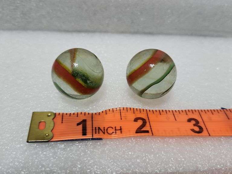 2 Vintage Clear/Green/Yellow/Red Swirl Shooter Marbles