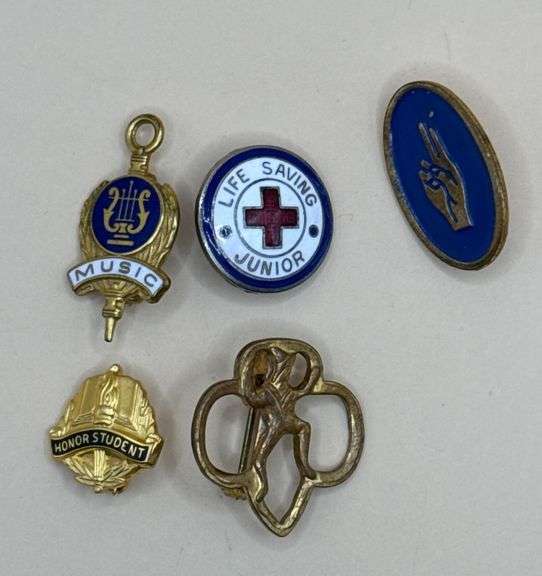 Vintage Enamel & Metal Pin Lot – Red Cross, Girl Scouts, Music, and Honor Student