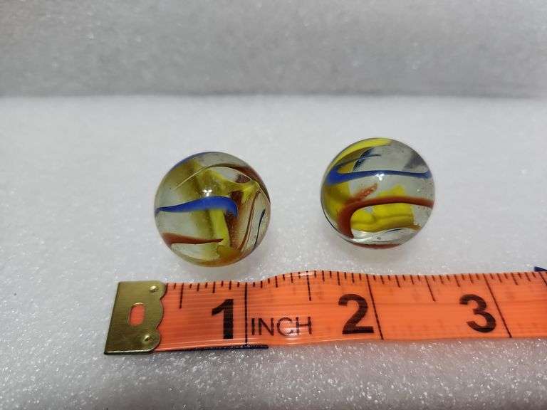 2 Vintage Clear/Blue/Yellow/Red Swirl Shooter Marbles