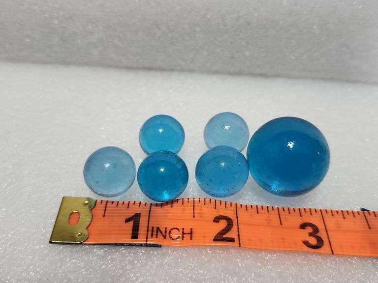 6 Vintage Light Blue Marbles, 1 Is A Shooter Marble