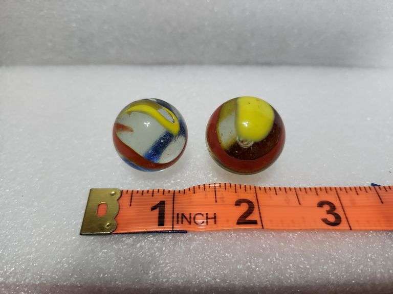 2 Vintage Clear/Blue/Yellow/Red Swirl Shooter Marbles