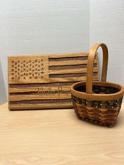 Wooden American Flag Plaque and Woven Longaberger Basket Set