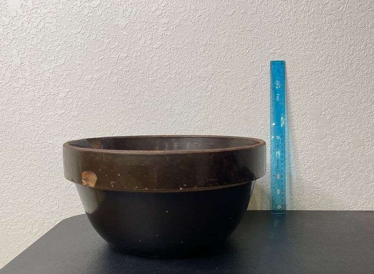 Antique Brown Stoneware Mixing Bowl – 11” Albany Slip Glaze – Primitive with Crack