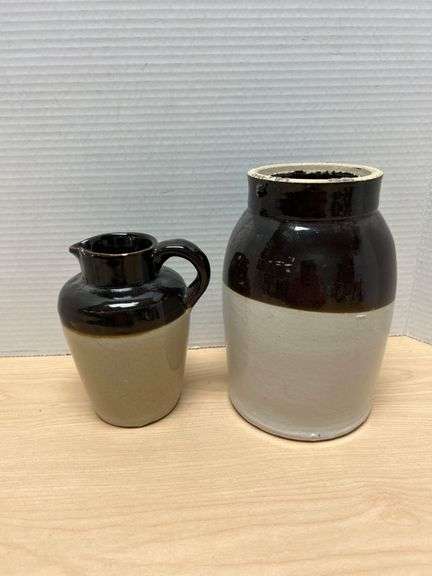 Stoneware Crock and Small Pitcher with Brown Glaze