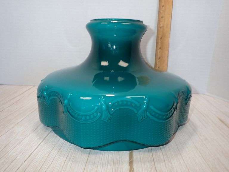 Antique Teal Glass Lamp Shade with Embossed Design