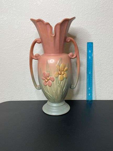Hull Pottery Wildflower Double Handle Vase – 12½” Pink & Green Pastel – Vintage USA