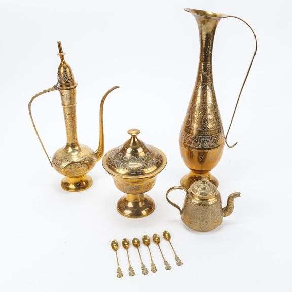 Vintage Brass Serving Set From India With Samovar, Pitcher, Kettle and More