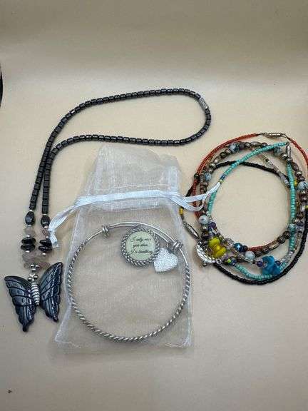 Jewelry Lot – Butterfly Pendant Necklace, Beaded Wrap Necklace & Inspirational Bangle
