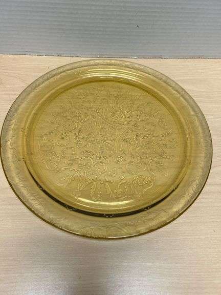 Gold-Tinted yellow Glass Plate with Intricate Floral Design