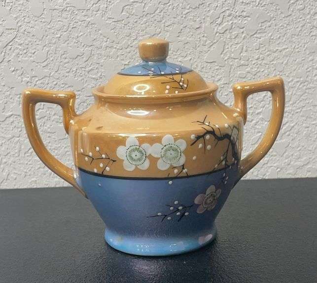 Vintage Hand-Painted Japanese Sugar Bowl with Lid – Floral Design, 1920s–30s