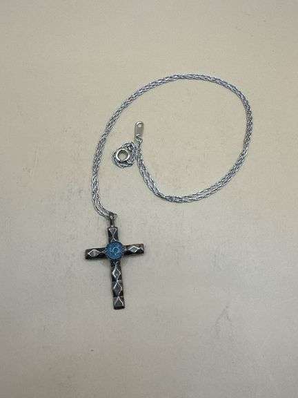 Sterling Silver Mexico Cross Pendant with Blue Opal Stone on Trifari Chain