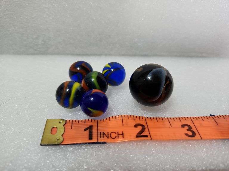6 Cobalt Blue/Red/Yellow Swirl Marbles 1 Is A Shooter