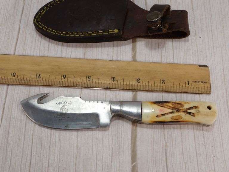 Hunting / Skinning / Gutting Fixed Blade Knife with Bone handle & Leather “Bone Collector” Sheath