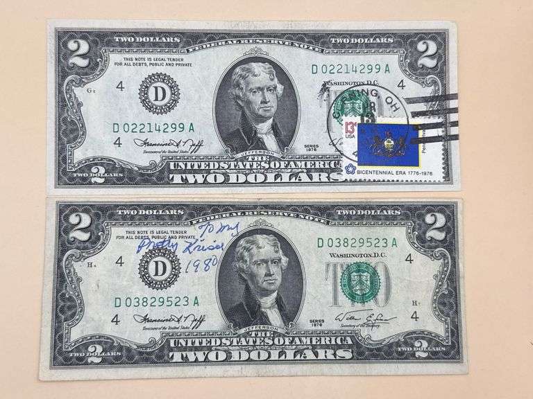 1976 $2 Bills – First Day of Issue Stamped Notes – Lot of 2