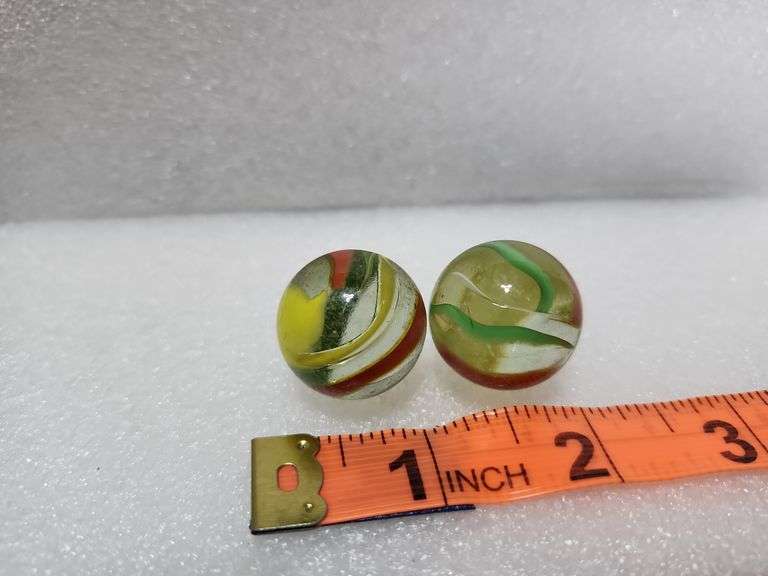 2 Vintage Clear/Green/Yellow/Red Swirl Shooter Marbles