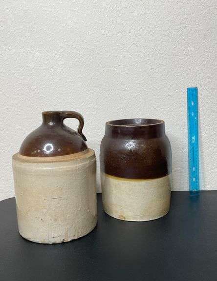 Antique Stoneware Crock & Jug – Two-Tone Brown & Tan Glaze – 10” Tall