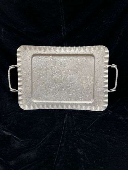 Embossed Aluminum Serving Tray with Decorative Floral Motif and Handles