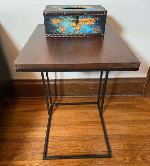 Tissue Box Side Table Wooden and Metal Side Table with Decorative World Map Tissue Box ...