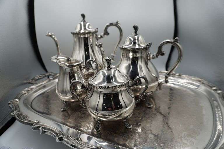 Wallace Silver Tea and Coffee Set with Ornate Floral Medallion Design